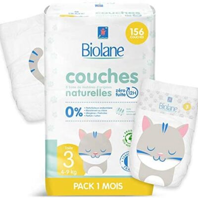 Biolane - Couche Ecologique Taille 3 (4 - 9kg) - 12H Zéro Fuite - 1 Mois Pack de 156 Couches