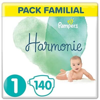 Couches Pampers Taille 1 (2-5 kg), Harmony, 140 couches pour bébé (lot de 4 x 35), 0 % de compromis, 100 % absorbantes, à base de plantes, hypoallergéniques