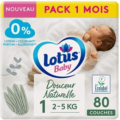 Lotus Baby Douceur Naturelle - Couche Taille 1 (2-5kg/Nouveau-né) Pack 1 Mois - 80 Couches