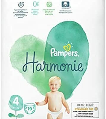 Pampers Couches Harmony Taille 4 (9-14 kg) 0 % de compromis, 100 % absorbant, d'origine végétale, hypoallergénique, 19 couches