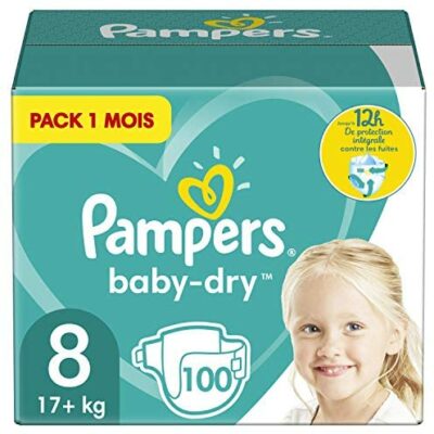 Pampers Couches Taille 8 (17+kg), Baby Dry, 100 couches pour bébé, pack de 1 mois, jusqu'à 12 heures de séchage avec double étanchéité