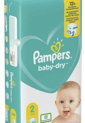 Couches Pampers Taille 2 (4-8 kg), Baby Dry, 60 couches pour bébé, temps de séchage jusqu'à 12 heures, avec double étanchéité