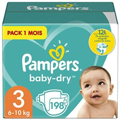 Couches Pampers taille 3 (6-10 kg), Baby Dry, 198 couches pour bébé, lot de 1 mois, jusqu'à 12 heures de séchage, double étanchéité