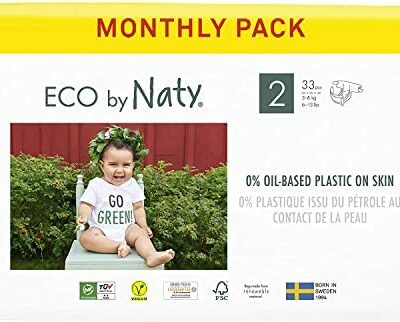 Eco by Naty, Taille 2, 132 Couches, 3-6kg, 1 mois d'utilisation. Couches écologiques fabriquées à partir de fibres végétales, 0% de plastique (issu du pétrole) entre en contact avec la peau de bébé.