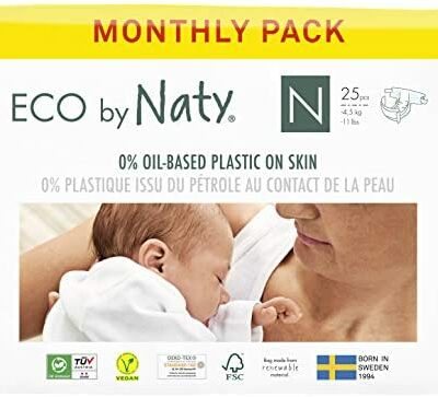 Naty's Eco, taille 0, 100 couches, -4,5 kg, 1 mois d'utilisation. Couches écologiques fabriquées à partir de fibres végétales, 0% de plastique (issu du pétrole) entre en contact avec la peau de bébé.