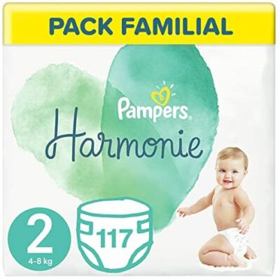 Pampers Couches Harmony Taille 2 (4-8 kg) 0 % de compromis, 100 % absorbant, d'origine végétale, hypoallergénique, 117 couches (taille familiale)