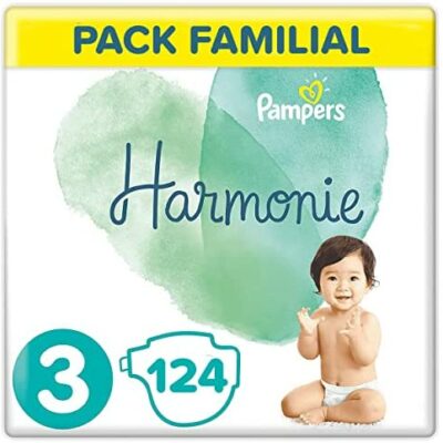 Pampers Couches Harmony Taille 3 (6-10 kg) 0 % de compromis, 100 % absorbant, d'origine végétale, hypoallergénique, 124 couches (taille familiale)