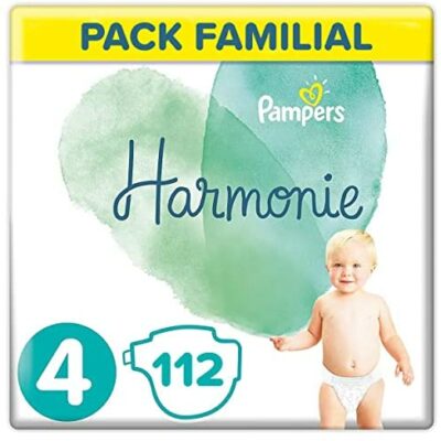 Pampers Couches Harmony Taille 4 (9-14 kg) 0 % de compromis, 100 % absorbant, d'origine végétale, hypoallergénique, 112 couches (taille familiale)