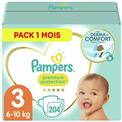 Couches Pampers Taille 3 (6-10 kg), Protection Premium, 204 Couches Bébé, Pack 1 Mois, Notre #1 Protection Peaux Sensibles