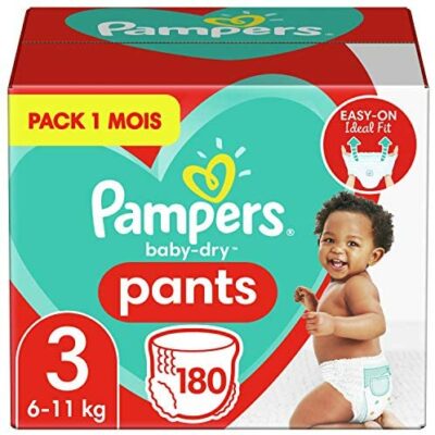 Couches Pampers Taille 3 (6-11 kg), Baby Dry, 180 couches pour bébé, pack 1 mois, support à 360° pour éviter les fuites, facile à changer