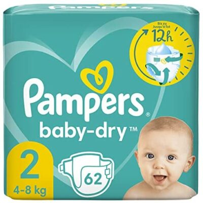 Pampers Baby Couches Taille 2 (4-8kg), Baby Dry, 62 Couches, Jusqu'à 12 Heures de Séchage avec Double Anti-Fuite
