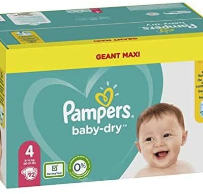Pampers Baby-Dry Taille 4, 92 couches, jusqu'à 12 heures de protection contre les fuites, 9-14 kg