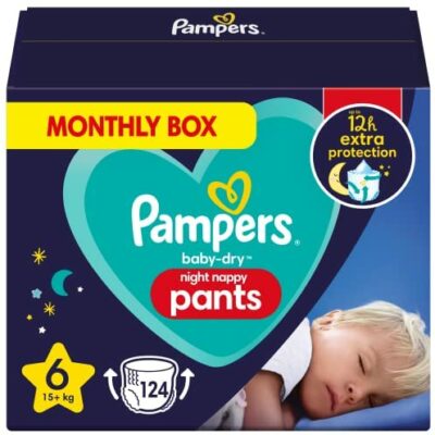Pampers Pyjama Pants Overnight Diaper Taille 6 (15+kg), 124 couches pour bébé, pack de 1 mois, offre une protection supplémentaire toute la nuit