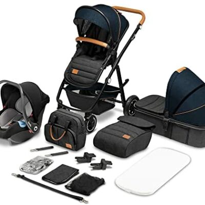 LIONELO Amber Poussette multifonctionnelle 3 en 1, poussette, ensemble de poussette avec siège sport et support fixe, sac, moustiquaire, housse, housse de pluie et siège auto (bleu)