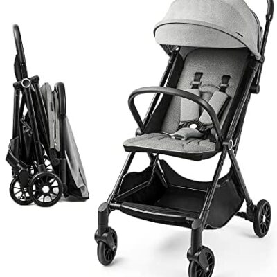 besrey Poussette compacte ultralégère, pliante automatique, poussette de voyage, inclinable, pour bébés de la naissance à 36 mois, max 15 kg (gris)