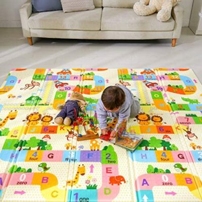 Tapis de jeu pour bébé Bammax, tapis pliable non toxique imperméable extra large pour enfants, coussin rembourré 197 x 177 x 1,5 cm avec image de labyrinthe mignon