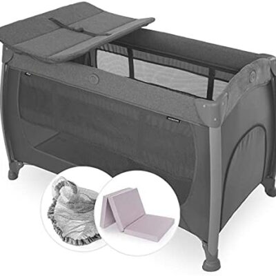 Hauck - Lit de Voyage avec Table à Langer Centre de Couchage et de Jeux - Matelas de Lit de Voyage, Moustiquaire, 2 Couches, Sortie Latérale, Roues, Naissance à 15kg - Gris Foncé