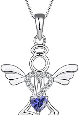 FJ Collier Femme Ange Gardien en Argent Sterling 925 avec Pendentif Ange Collier en Forme de Coeur avec Pierre de Naissance et Zircon Cubique, Bijoux Cadeaux pour Femme