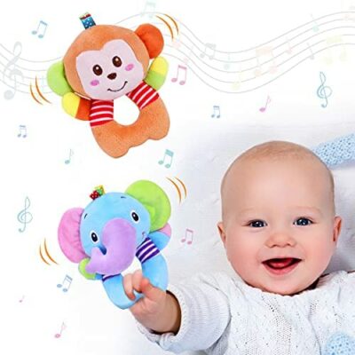 Vacouley Bébé Hochet Jouets, 2 Pièces Bébé Éveil Sensoriel Jeu Jouet Animal Doux En Peluche Bébé Cadeaux Nouveau-Né Garçons Filles 1, 3, 4, 6, 8, 9 Mois (Singe, Éléphant)