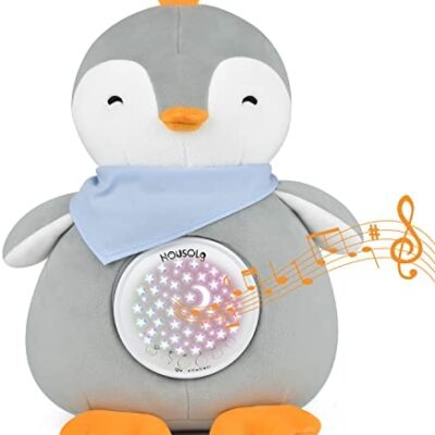 Aide au sommeil de bébé, boîte à musique rechargeable pour enfants avec capteur de bruit blanc, veilleuse pour bébé, jouet en peluche pingouin pour garçons et filles