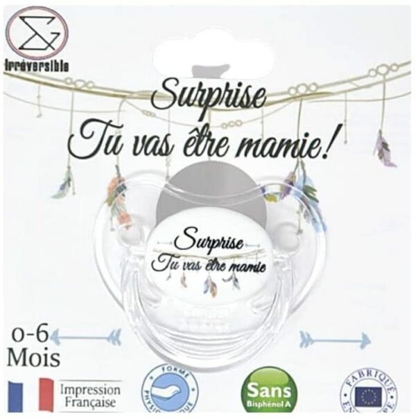 Sucette bébé en cadeau pour annoncer la grossesse à mamie - idée originale pour femme enceinte - sucette 0-6 mois - norme française et européenne - cadeau de naissance