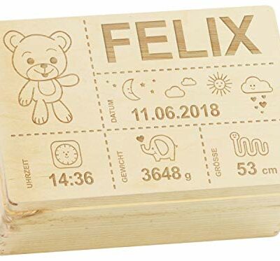 LAUBLUST coffret souvenir bébé personnalisé - ours en peluche - cadeau naissance |  M - environ 30x20x14cm, caisse en bois naturel FSC®