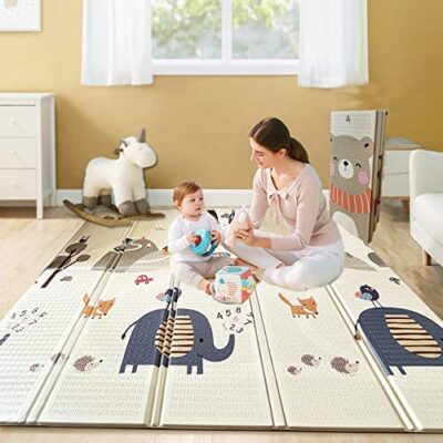 Tapis de jeu pour bébé - Grand tapis de sol 200 x 180 x 1,5 cm - Tapis en mousse pour enfants - Design pliable, confortable, épais, réversible, non toxique (éléphant et chiffres)