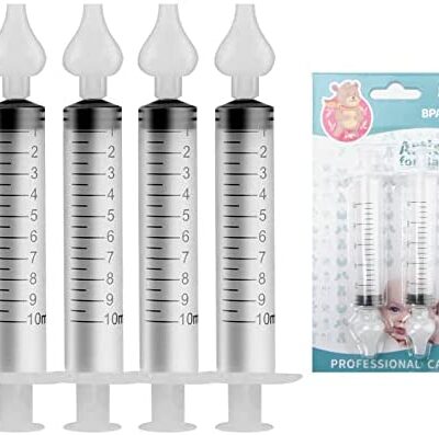 Mouché-Bébé Seringues Nasales Bébé, 2 Seringues Nasales Bébé, 10 ml Graduées avec Embouts Nez Nettoyables et Réutilisables en Silicone (4 Pièces)