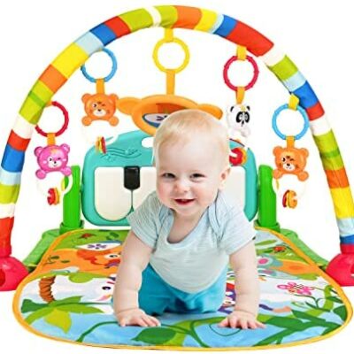 Tapis de jeu pour bébé avec musique et lumières, tapis de jeu pour bébé avec arche de jeu, arche de jeu et jouets sensoriels pour bébés de 0 à 24 mois, filles et garçons (bleu)