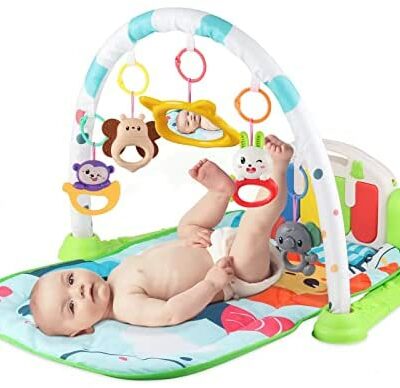 Tapis de jeu pour bébé Eendoos, tapis d'activité et de jeu pour nouveau-né avec musique et lumières, cadeau pour bébés et tout-petits de 0 à 24 mois, contient 5 jouets suspendus détachables