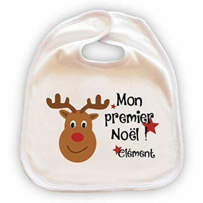 Grand Bavoir Bébé Personnalisable - Cadeau de Noël Original - Cadeau d'Anniversaire - "Mon Premier Noël" - Avec Prénom - Modèle Renne