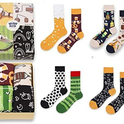 Wishsox, chaussettes motifs colorés, coton, cadeau, fun, fantaisie, chaussettes originales pour homme et femme, coffret cadeau de 4 paires de chaussettes