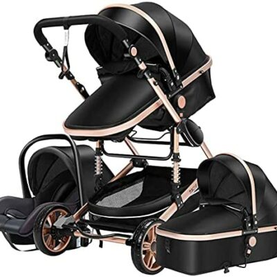 Poussette combinée Poussette 3 en 1 Tricycle Trotteur Poussette haute vue Poussette pliante Poussette Poussette pour bébés de 0 à 36 mois (Or noir)