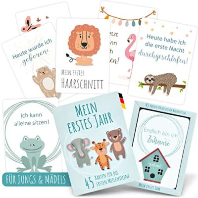 45 cartes jalons bébé |  100% durable |  Cadeau de naissance pour garçons et filles |  Fabriqué en Allemagne |  Cartes d'étape dans une boîte souvenir |  Coffret cadeau baby shower