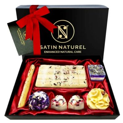 Coffret cadeau de bombes de bain BIO pour femmes - 7 bombes de bain végétaliennes dans une boîte cadeau de haute qualité - Cadeau de la Saint-Valentin pour elle - Cadeaux d'additifs de bain pour femmes - La plus haute qualité de Satin Naturel