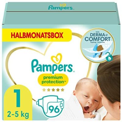 Couches bébé Pampers taille 1 (2-5kg) Protection Premium, nouveau-né, 96 pièces, BOÎTE DEMI-MOIS, meilleur confort et protection pour les peaux sensibles