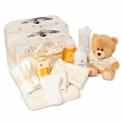 Ensemble cadeau bébé - Panier neutre plein de produits pour bébé dans 2 boîtes de rangement crème unisexe