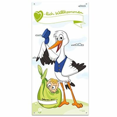 Grande banderole pour la naissance - bienvenue maman & bébé - A ÉCRIRE SUR SOI-MÊME : nom & date de naissance - cigogne avec enfant - 140 cm de haut