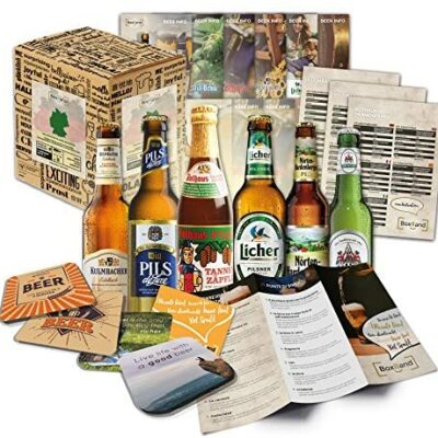 Idée cadeau "Spécialités de bière d'Allemagne" pour homme INCL.  Sous-bock + coffret cadeau + informations sur la bière.  Idée cadeau insolite pour homme (6x0.33l)