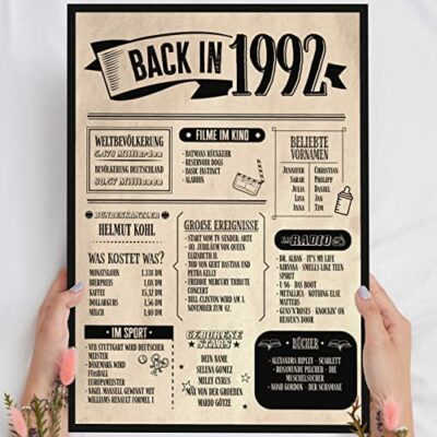 Image en bois : vieux journal - cadeau 30e anniversaire de retour en 1992 vintage - peut être personnalisé pour mettre/accrocher éventuellement illuminé, 30e anniversaire femme - présentoir mural - cadeau personnel