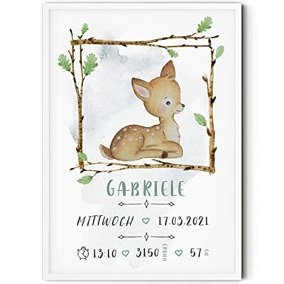 KidsCuteDecorations Photos de dates de naissance Animaux de la forêt Chambre de bébé |  Photo de date de naissance cerf cadre A4 |  Photo Prénom Affiche Naissance Personnalisée Bébé |  Cadeau de naissance avec prénom |  Faire-part de naissance Fille