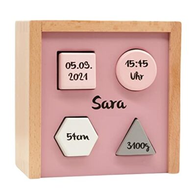 Kidslino Shapes Plug-In Jeu Rose |  Cadeau de Naissance Personnalisé |  Jouet en bois fait main à partir de 1 an |  Cadeaux personnalisés Baby I Label |  Boîte à sous avec nom et date de naissance