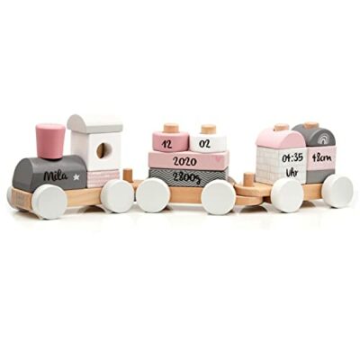 Kidslino train en bois rose - personnalisable I cadeau pour la naissance d'une fille I jouet en bois fait main avec formes à brancher I cadeaux personnalisés bébé I train en bois avec nom et dates de naissance