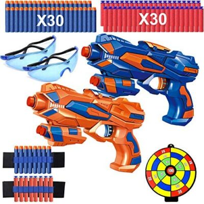 Lot de 2 pistolets enfants, pistolets blasters jouets avec 60 fléchettes en mousse + 2 lunettes de protection + 2 dragonnes à fléchettes, jouet de tir enfant, cadeau anniversaire / Père Noël pour garçons filles 3-10 ans