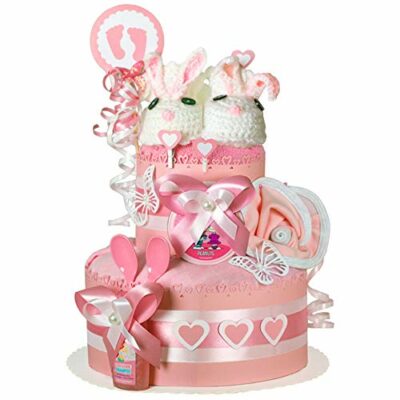 MomsStory - Filles de gâteau de couches |  Cadeau de couches bricolage |  Cadeau Bébé pour Naissance Baptême Baby Shower |  Gâteau bébé XL cadeau de naissance 2 étages (rose) avec chaussons bavoir tétine couches & plus