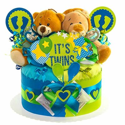 MomsStory - Jumeaux de gâteau de couches |  Cadeau de couches bricolage |  Cadeau Bébé pour Naissance Baptême Babyshower |  Gâteau bébé 1 étage (bleu-vert) cadeau de naissance avec peluches tétines couches & plus