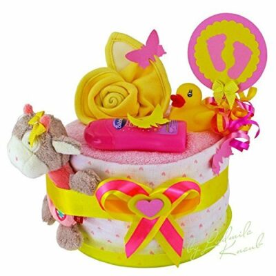 MomsStory - Mini Nappy Cake Girl |  Cadeau de naissance pour la douche de bébé de baptême de naissance |  1 niveau (rose-jaune) avec bavoir pour bébé et plus