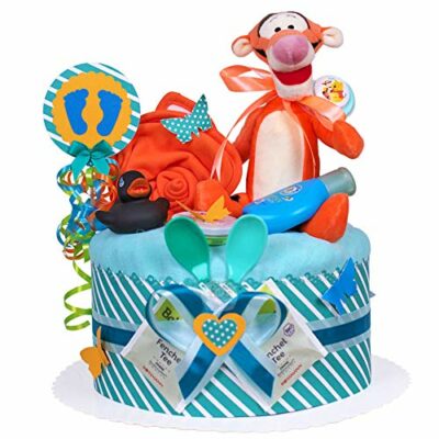 MomsStory Nappy Cake Boy Tigrou Disney Baby Gift for Naissance Baptême Baby Shower 1 Niveau (Orange Turquoise) avec bavoir en peluche et plus encore