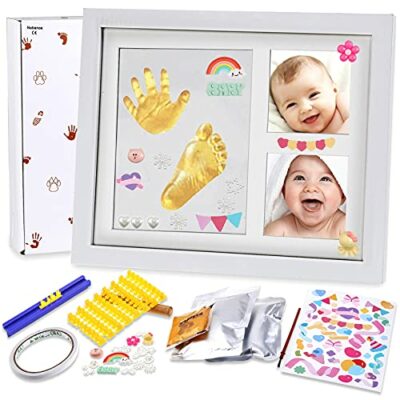 Nabance Kit Empreintes de Mains et Empreintes de Bébé Cadre Photo en Bois pour Bébé Ensemble de Bricolage pour Mains et Pieds de Bébé avec Lettres, Décorations, Couleur Or, Autocollants, Cadeaux de Naissance