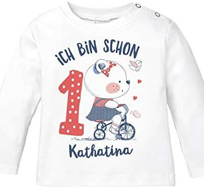 SpecialMe® T-shirt à manches longues pour bébé avec nom et numéro pour 1er anniversaire Little Bear Gift Girls Coton biologique